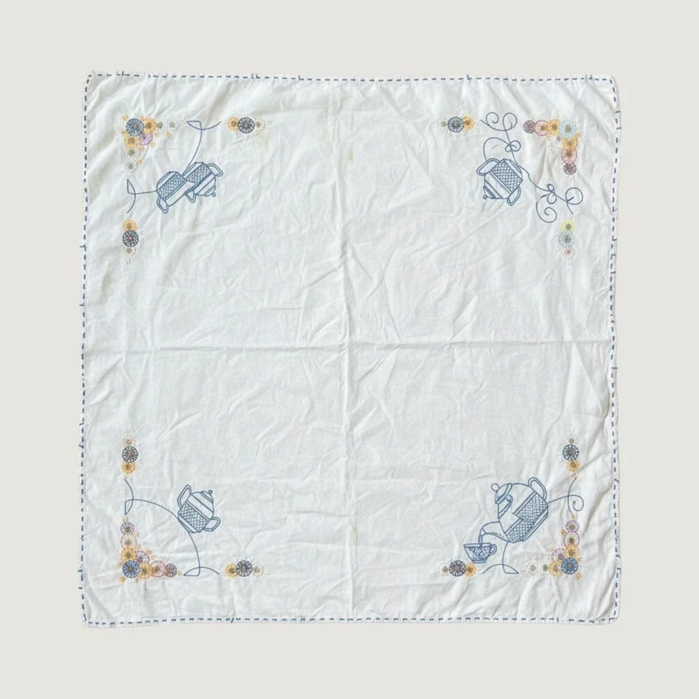 Vintage Hand Embroidered White Square Tea Tablecloth Floral Teapot 32x32